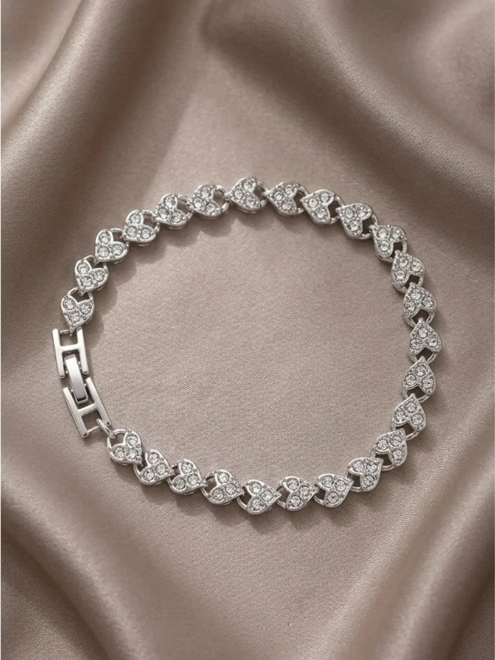 Sparkling Silver Heart Link Bracelet - Pavé Rhinestone 7.5" - Picture 2 of 3